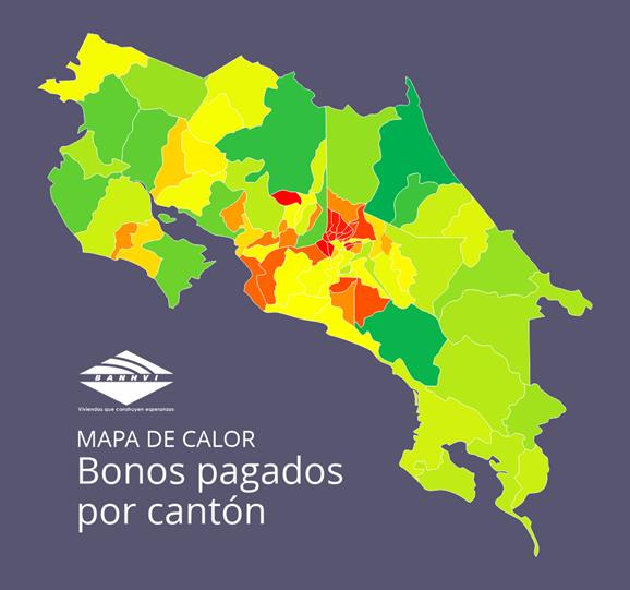 Imagen del mapa de Costa Rica con la distribuci&oacute;n de los bonos otorgados por cant&oacute;n en el 2020.