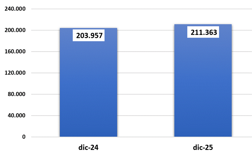 Gr&aacute;fico de barras con el saldo de la cartera de cr&eacute;dito. A&ntilde;o 2024 203.957. A&ntilde;o 2025: 211.363.