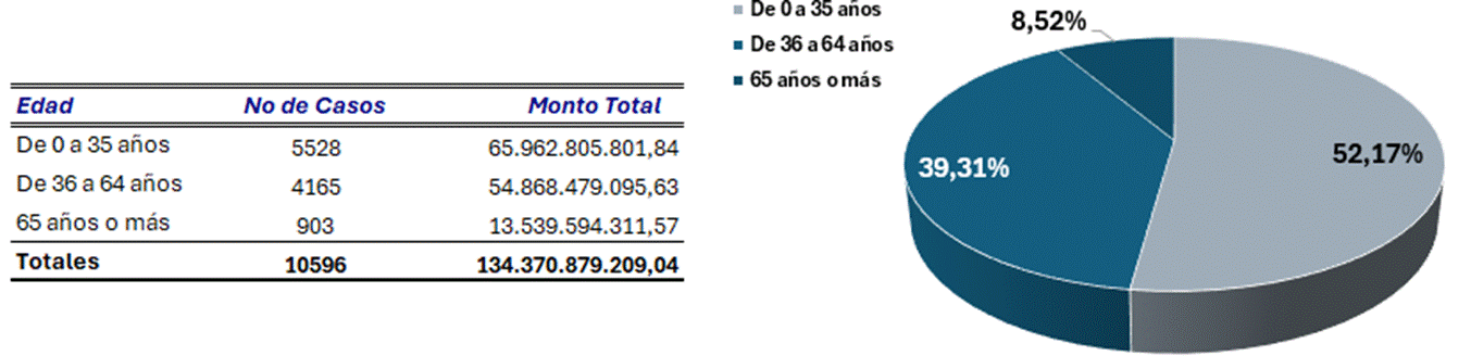 Cuadro y Gr&aacute;fico circular con el n&uacute;mero y monto de los bonos de vivienda otorgados por edad del jefe de familia. A&ntilde;o 2025.