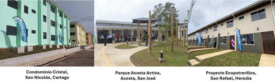 Fotograf&iacute;as de los proyectos entregados: Condominio Cristal en San Nicol&aacute;s de Cartago, Parque Acosta Activa, en Acosta, San Jos&eacute;, Ecopotrerillos en San Rafael de Heredia.