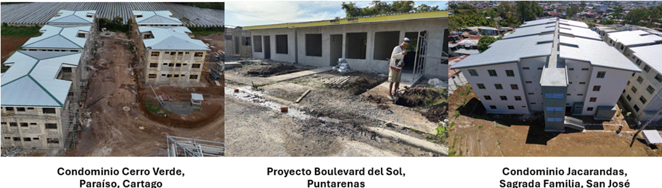 Fotografías de los proyectos en desarrollo Condominio Cerro Verde en Paraíso de Cartago, Boulevard del Sol en Puntarenas y Condominio Jacarandas en Sagrada Familia, San José.